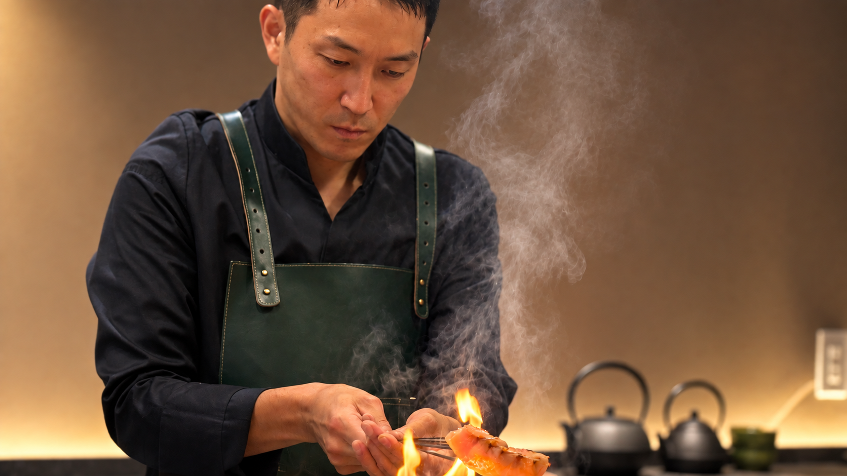 Chef Takuma grilling skewers over flame and smoke