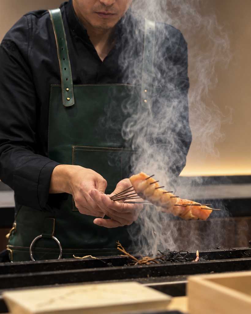 Chef holding yakitori skewers over binchotan smoke